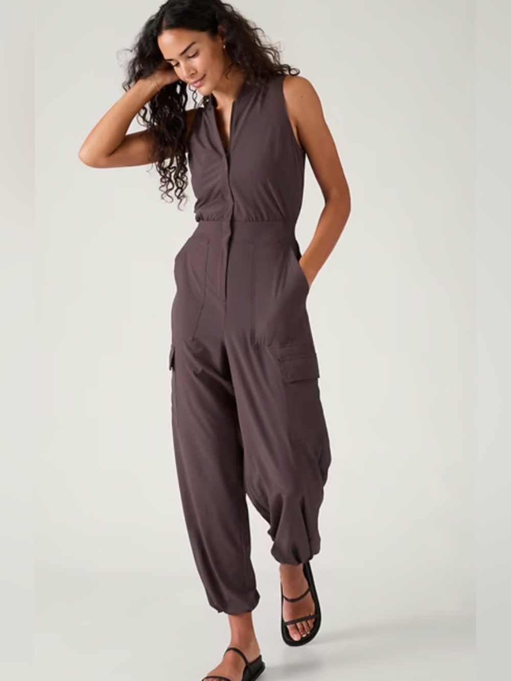 Athleta Sleeveless Cargo Jumpsuit in Deep Taupe